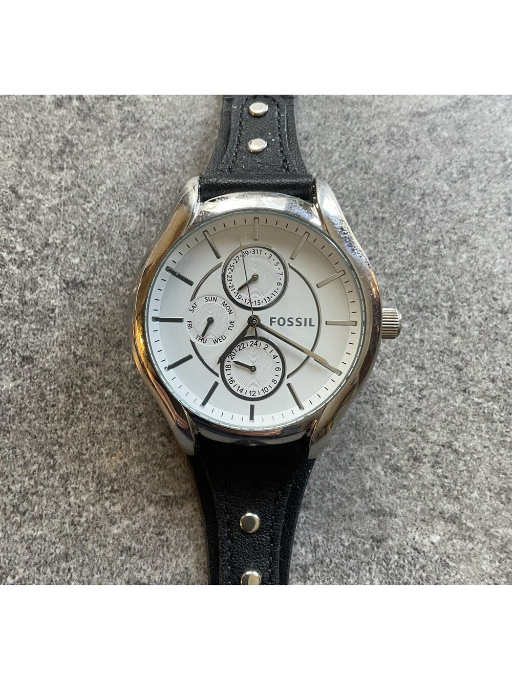 Fossil Womens Watch 40mm Silver Tone Case Day Date Black Leather Cuff BQ3066 B-K